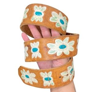 Vintage Hand Tooled Leather Floral Belt Tan Turquoise White Western Boho Strap